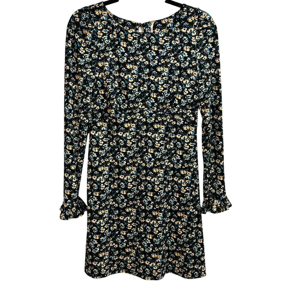 Free People Say Hello Mini Dress Long Sleeve Black/Blue Floral Size Small NEW